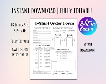 Plantilla editable de formulario de pedido de camisetas para pequeñas empresas Rastreador de pedidos de camisetas personalizadas