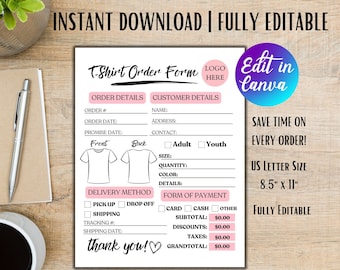Editable T-shirt Order Forms Custom Shirt Order Form Canva Template for ...