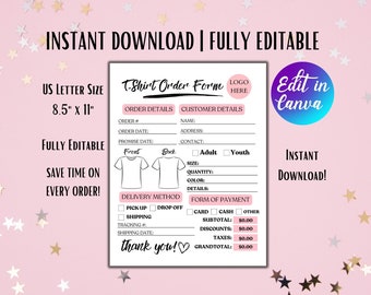 Editable T-Shirt Order Forms Custom Shirt Order Form Canva Template For Small  Business Printable T Shirt Order Forms For T-Shirt Business