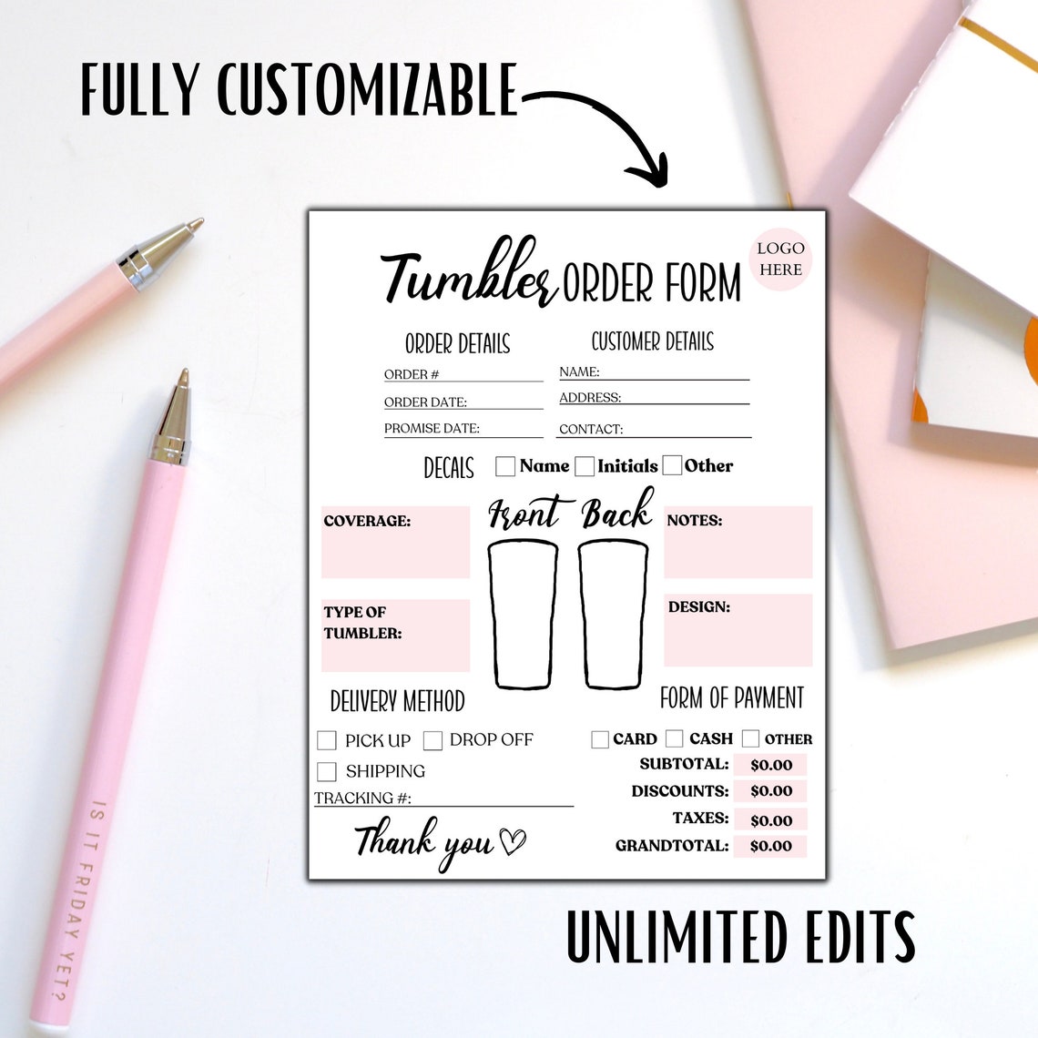 Tumbler Order Form Template Editable Tumbler Business Order Form ...
