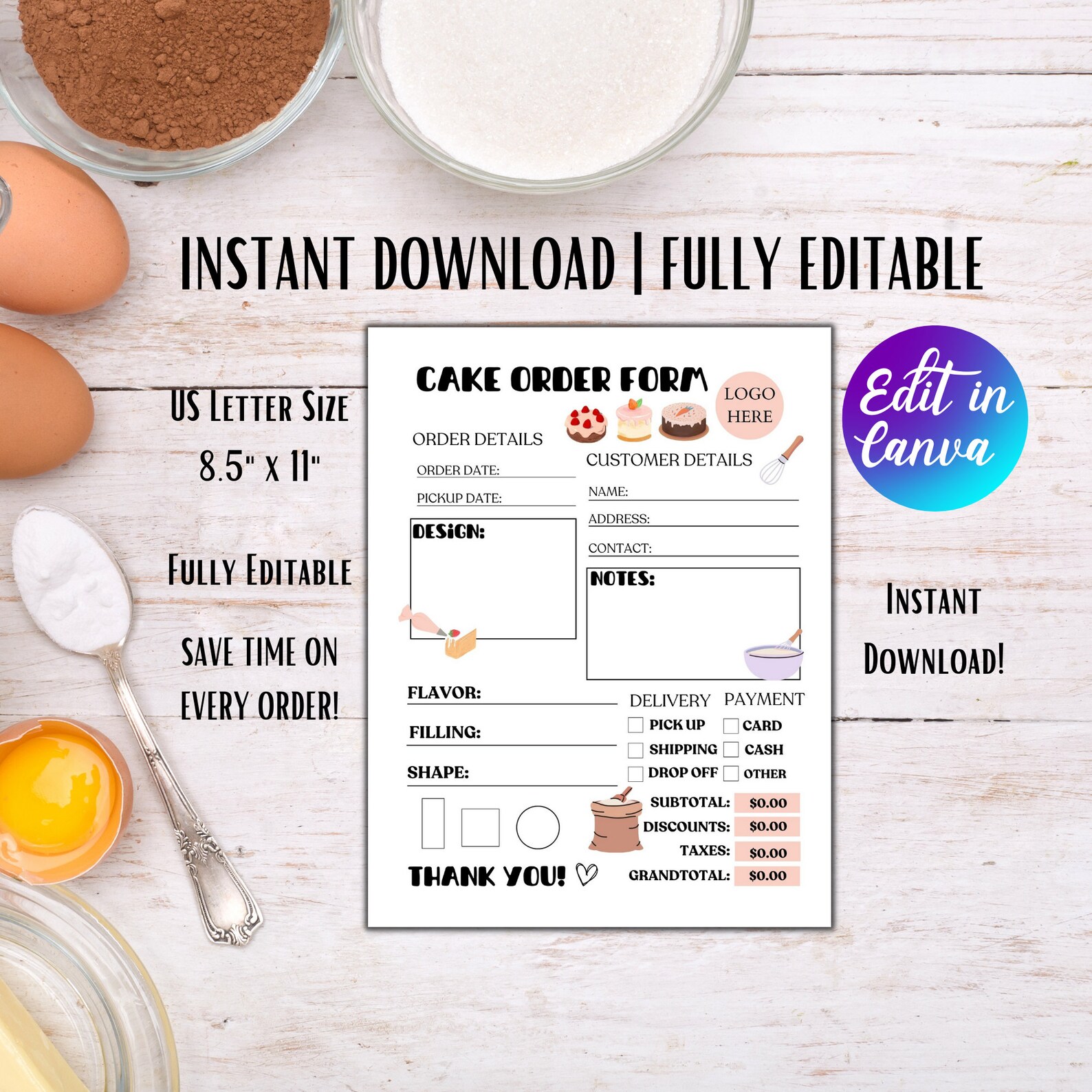 Editable Cake Order Form Template Custom Bakery Order Form Printable ...