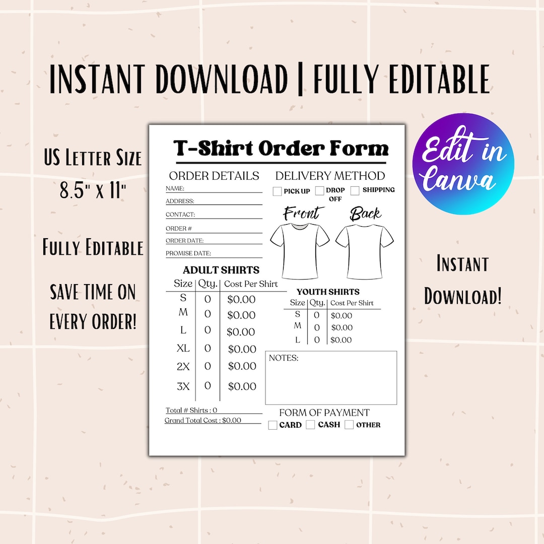 T-shirt Order Form Editable Template for Small Business Custom T-shirt ...
