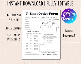 Plantilla editable de formulario de pedido de camisetas para pequeñas empresas Rastreador de pedidos de camisetas personalizado