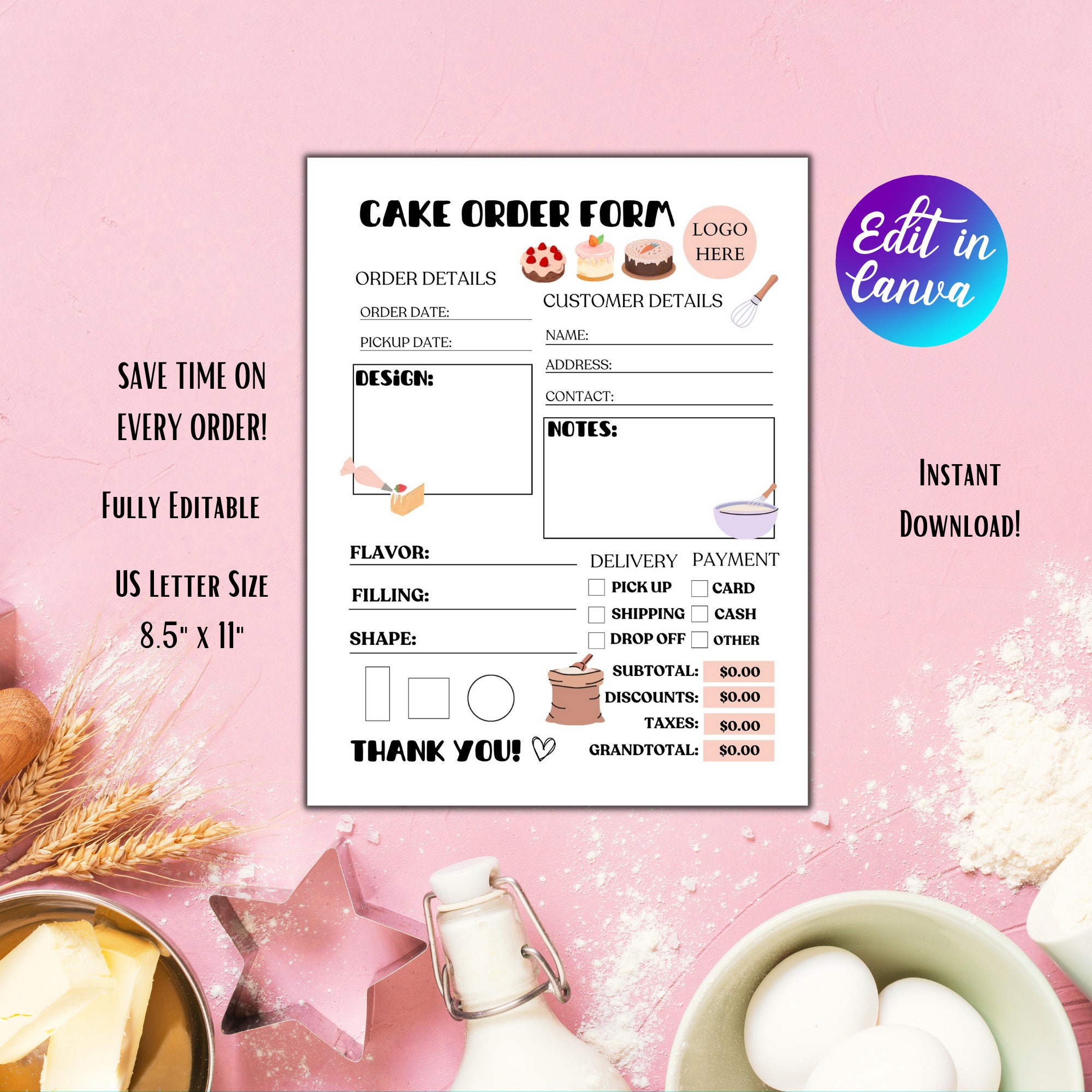 Editable Cake Order Form Template Custom Bakery Order Form Printable ...