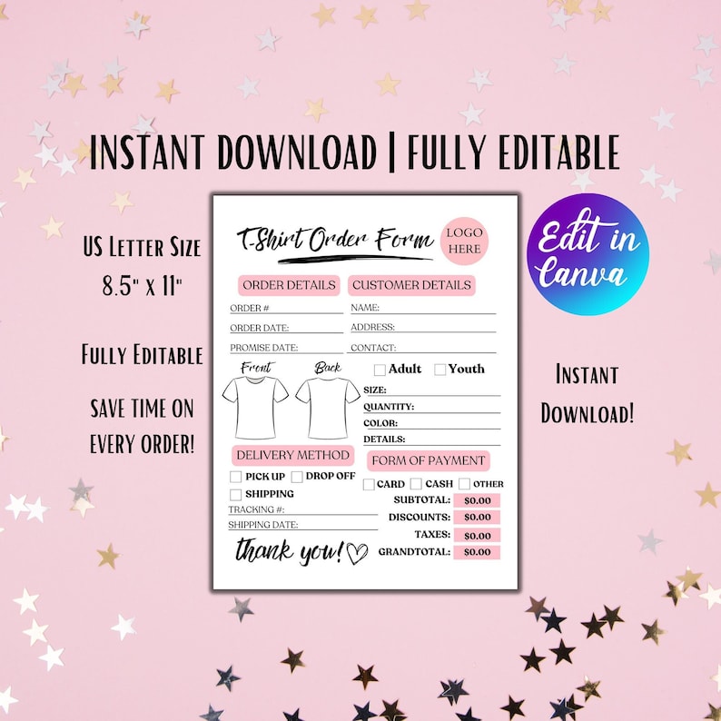 Editable T-shirt Order Forms Custom Shirt Order Form Canva Template for ...