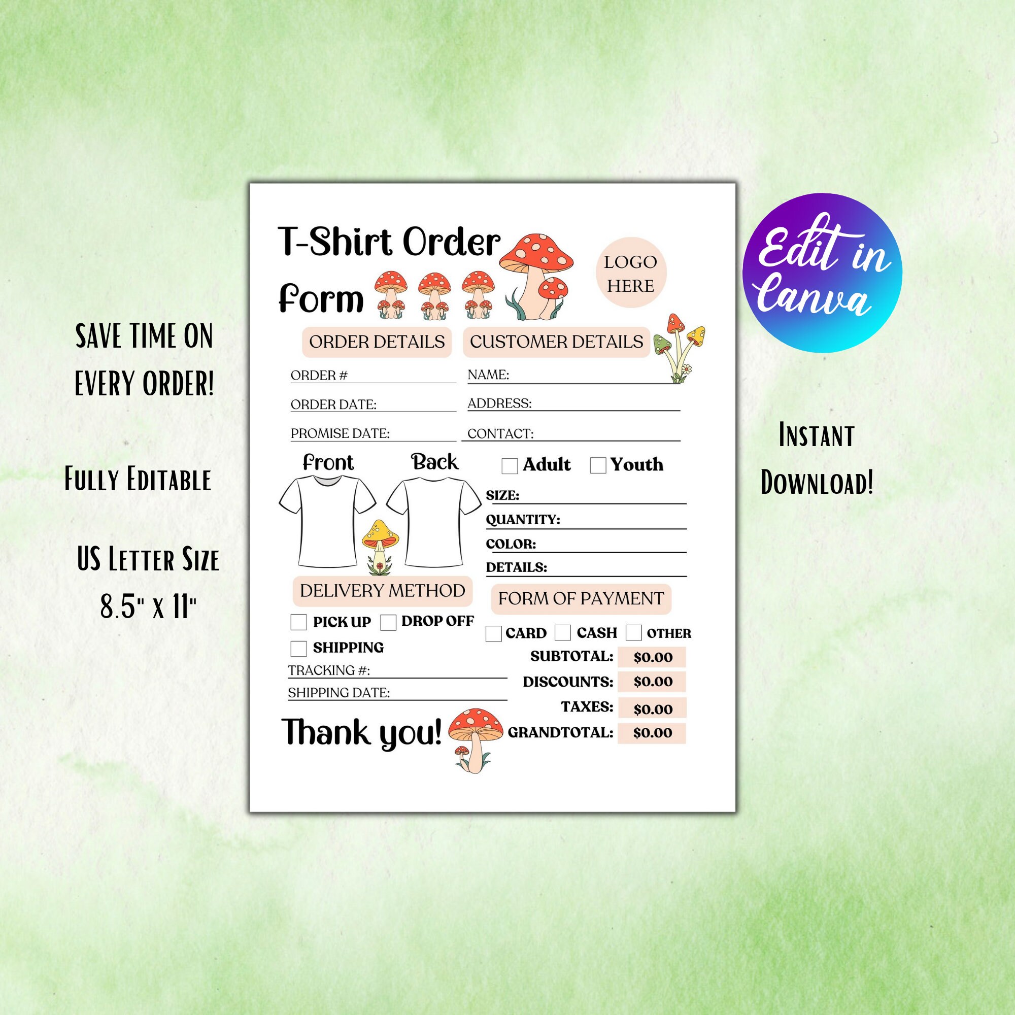 Mushroom Tshirt Order Form Template Editable Shirt Order Form for Small ...