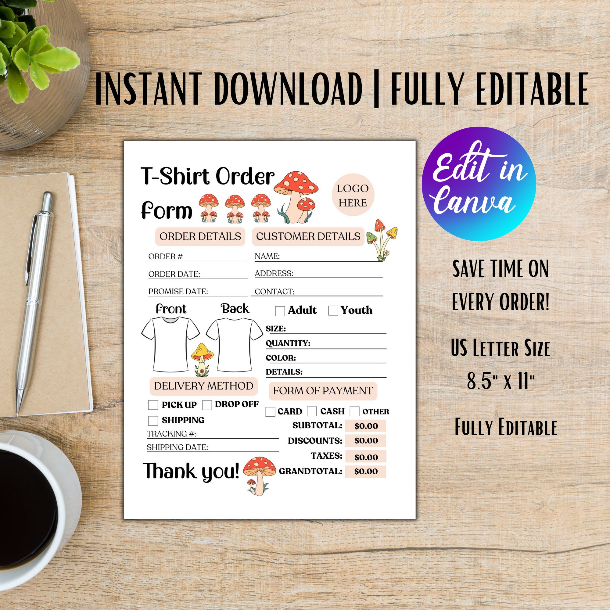 Mushroom Tshirt Order Form Template Editable Shirt Order Form for Small ...
