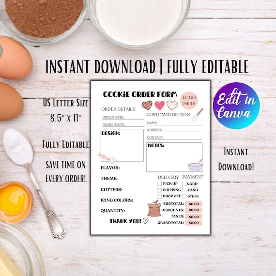 Cookie Order Form Template Bakery Invoice Editable Cake Order Form for Small Business Order Tracker Printable Cookie Receipt Baking Order