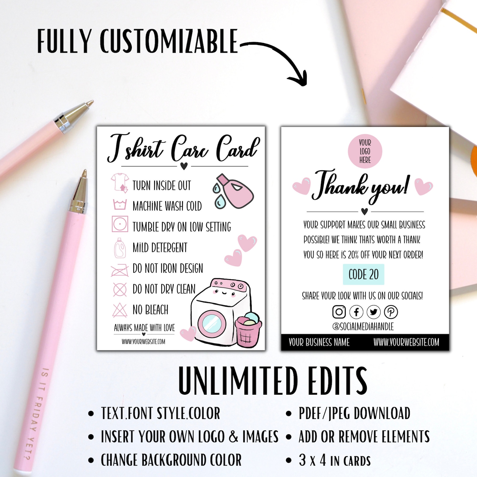 T Shirt Care Card Template Editable Washing Instructions Care Card ...