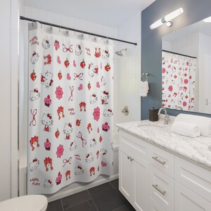 Cute Pink Hello Kitty Shower Curtain Waterproof Bathroom Decor with 10 Hooks