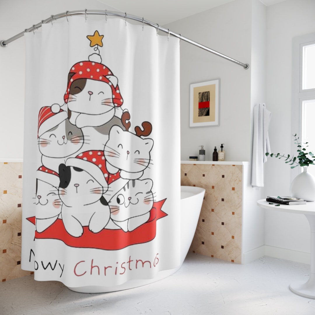 Christmas Cat Shower Curtain Cartoon Cute Animals Merry Etsy