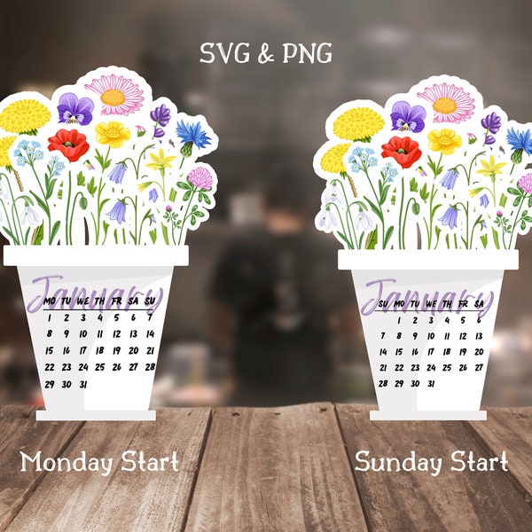 Printable Flowers Desk Calendar,Digital 2024 Floral Calendar,Monday Start,Sunday Start,Instant Download Calendar SVG File,Flowerpot Calendar