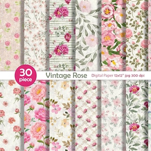 Sprzedaż Vintage Digital Paper, Rose Watercolor Scrapbook, Roses Scrapbook Sheets, Vintage Roses, Shabby Chic Paper Pack, Pastel Floral Digital Paper
