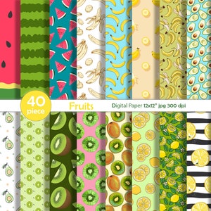 Obst Digital Papier, Obst Clipart,Banane,Orange,Erdbeere,Kirsche,Zitrone,Avocado,Ananas,Wassermelone,Kiwi,Apfel, Küche Wand Kunst,