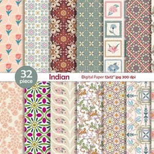 May include: A collection of 32 Indian-themed digital paper designs. The patterns include floral, geometric, and paisley motifs in a variety of colors such as teal, pink, and gold. The text "Indian Digital Paper 12x12" jpg 300 dpi" is visible.