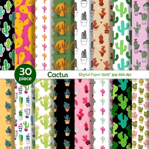 May include: A set of 30 digital papers featuring cactus illustrations in various colors and patterns. The papers are 12x12 inches and 300 dpi. "Cactus" and "Digital Paper 12x12" inch jpg 300 dpi" are written on the image.
