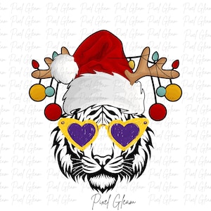Tigre di Natale Png, Download immediato, Download digitale, Stagione delle feste, Tigre che indossa il cappello di Natale, Cappello di Babbo Natale, Tigre di Babbo Natale, Tigre di X massa