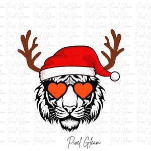 Tigre di Natale Png, Download immediato, Download digitale, Stagione delle feste, Tigre che indossa il cappello di Natale, Cappello di Babbo Natale, Tigre di Babbo Natale, Tigre di X massa
