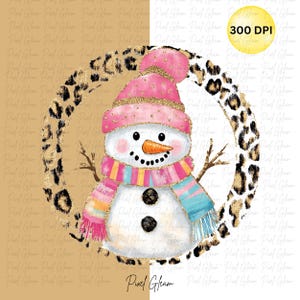 May include: A whimsical snowman illustration with a pink hat and scarf, a carrot nose, and black coal eyes and buttons. The snowman is surrounded by a leopard print circle. The image has the text "Pixel Gleam".