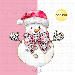 May include: A whimsical snowman illustration with a pink and white color scheme. The snowman wears a pink Santa hat, a bow with a leopard print, and matching mittens. The image has a gold outline and the text "Pixel Glam".