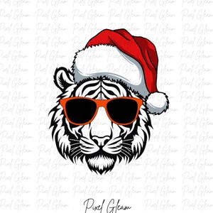 Tigre di Natale Png, Download immediato, Download digitale, Stagione delle feste, Tigre che indossa il cappello di Natale, Cappello di Babbo Natale, Tigre di Babbo Natale, Tigre di X massa