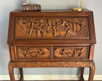360 Hand Carved Vintage Asian Slant Front Bureau Desk/ Ornate Mid-Century Secretary with  Carved Side Panels & Ball and Claw Feet/ Vanity