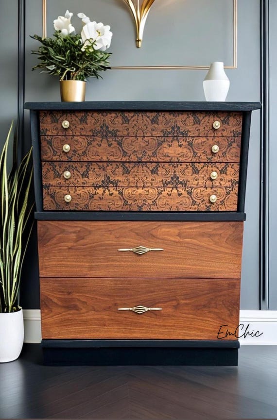 SOLD MCM Walnut Dresser Set: Tallboy, Lowboy With Black Lace Design - Etsy