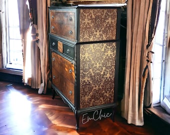 SOLD EXAMPLE of WORK- Vintage Burl Walnut Tallboy Dresser: Restored Bedroom Furniture