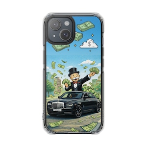 May include: Clear phone case featuring a cartoon illustration of the Monopoly Man in a black suit and top hat, holding stacks of money. A black car is in the foreground, with dollar bills floating in the air against a blue sky.