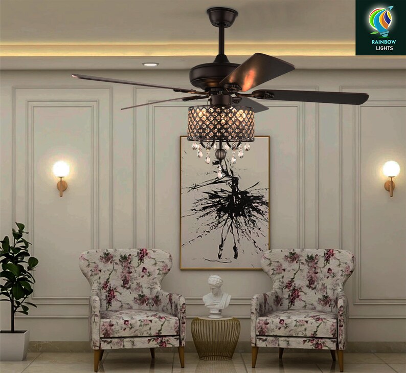 52'' Premium Crystal Wood Blades Ceiling Fan Chandelier Modern Ceiling