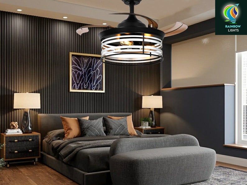 36 Inch Ceiling Fan Light Caged Pendant Lamp With Remote Modern Ceiling