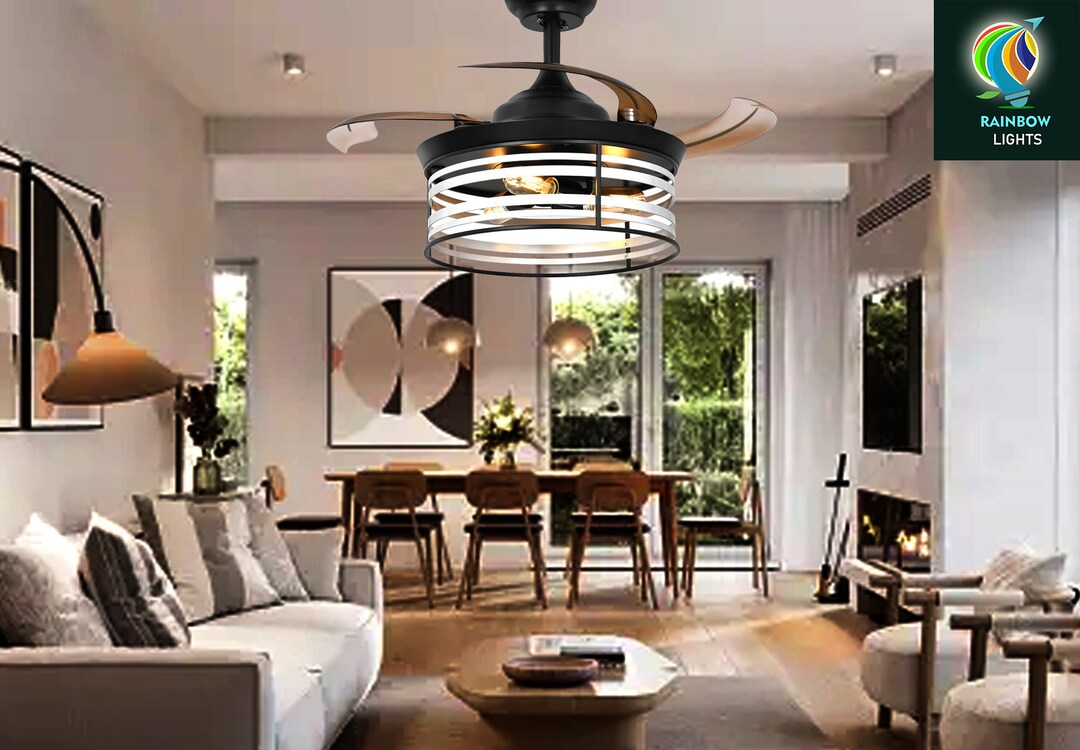 36 Inch Ceiling Fan Light Caged Pendant Lamp With Remote Modern Ceiling