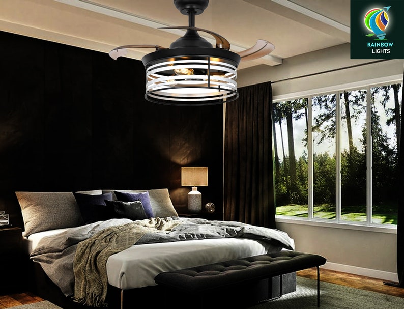 36 Inch Ceiling Fan Light Caged Pendant Lamp With Remote Modern Ceiling