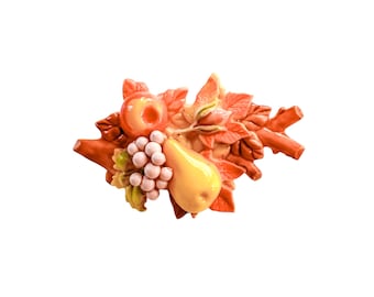 Broche vintage en métal émaillé plastifié style art déco orange marron et strass tbe - Montres & Bijoux