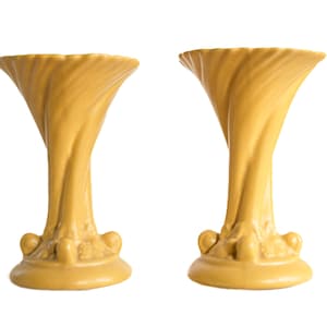 Vintage 1940s Pair of Art Pottery Vases in Yellow Matte Glaze, Retro Home Decor