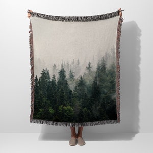 Misty Forest Mountain Trees Woven Blanket Throw Tapestry Cotton Knitted Wall Art Living Room Couch Bed Blanket image 1