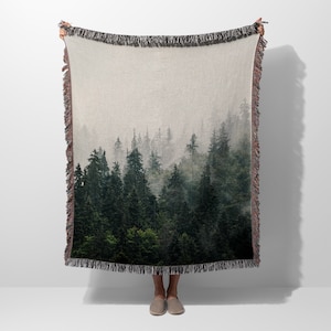 Misty Forest Mountain Trees Woven Blanket Throw Tapestry Cotton Knitted Wall Art Living Room Couch Bed Blanket