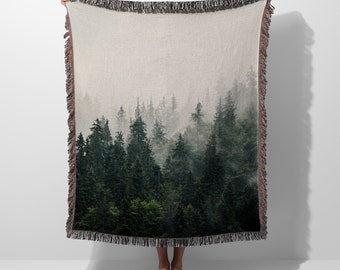 Misty Forest Mountain Trees Woven Blanket Throw Tapestry Cotton Knitted Wall Art Living Room Couch Bed Blanket