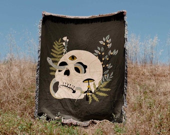 Skull Snake Mystical Witchy Black Woven Blanket Throw Tapestry Cotton Knitted Wall Art Living Room Couch Bed Blanket