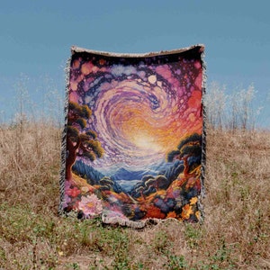 Whimsical Celestial Floral Psychedelic Woven Blanket Throw Tapestry Cotton Knitted Wall Art Living Room Couch Bed Blanket