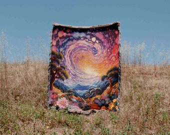 Whimsical Celestial Floral Psychedelic Woven Blanket Throw Tapestry Cotton Knitted Wall Art Living Room Couch Bed Blanket