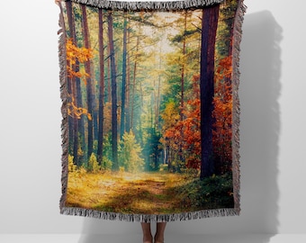 Autumn Forest Mystical Fall Trees Woven Blanket Throw Tapestry Cotton Knitted Wall Art Living Room Couch Bed Blanketn