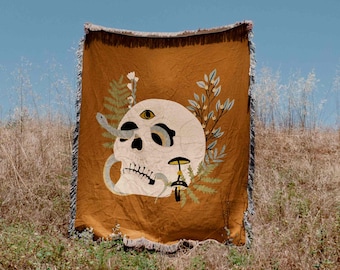 Skull Snake Witchy Fall Colors Woven Blanket Throw Tapestry Cotton Knitted Wall Art Living Room Couch Bed Blanket