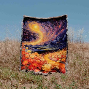 Whimsical Starry Night Moon Flowers Woven Blanket Throw Tapestry Cotton Knitted Wall Art Living Room Couch Bed Blanket