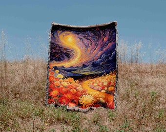 Whimsical Starry Night Moon Flowers Woven Blanket Throw Tapestry Cotton Knitted Wall Art Living Room Couch Bed Blanket