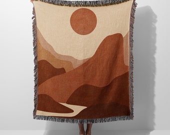 Boho Mountain Sun Moon Landscape Woven Blanket Throw Tapestry Cotton Knitted Wall Art Living Room Couch Bed Blanket