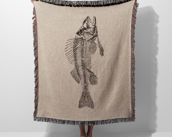 Fish Bones Skeleton Taxidermy Woven Blanket Throw Tapestry Cotton Knitted Wall Art Living Room Couch Bed Blanket