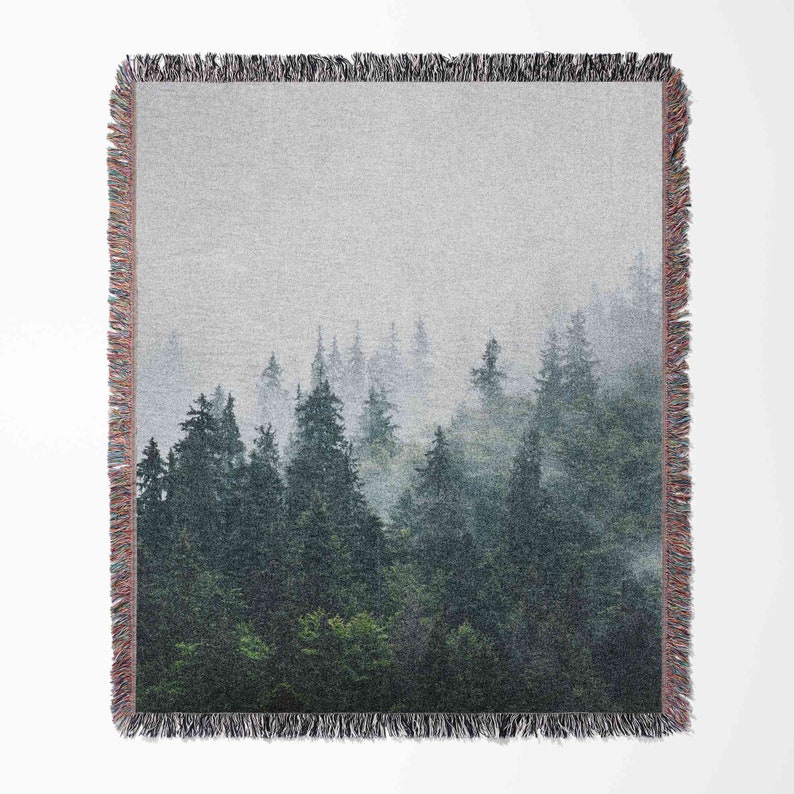 Misty Forest Mountain Trees Woven Blanket Throw Tapestry Cotton Knitted Wall Art Living Room Couch Bed Blanket image 2