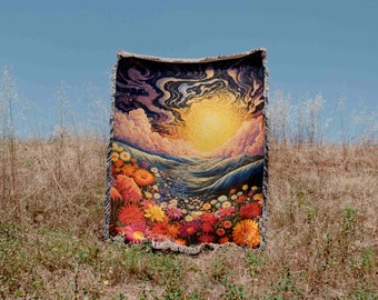 Whimsical Psychedelic Flower Sunset Woven Blanket Throw Tapestry Cotton Knitted Wall Art Living Room Couch Bed Blanket