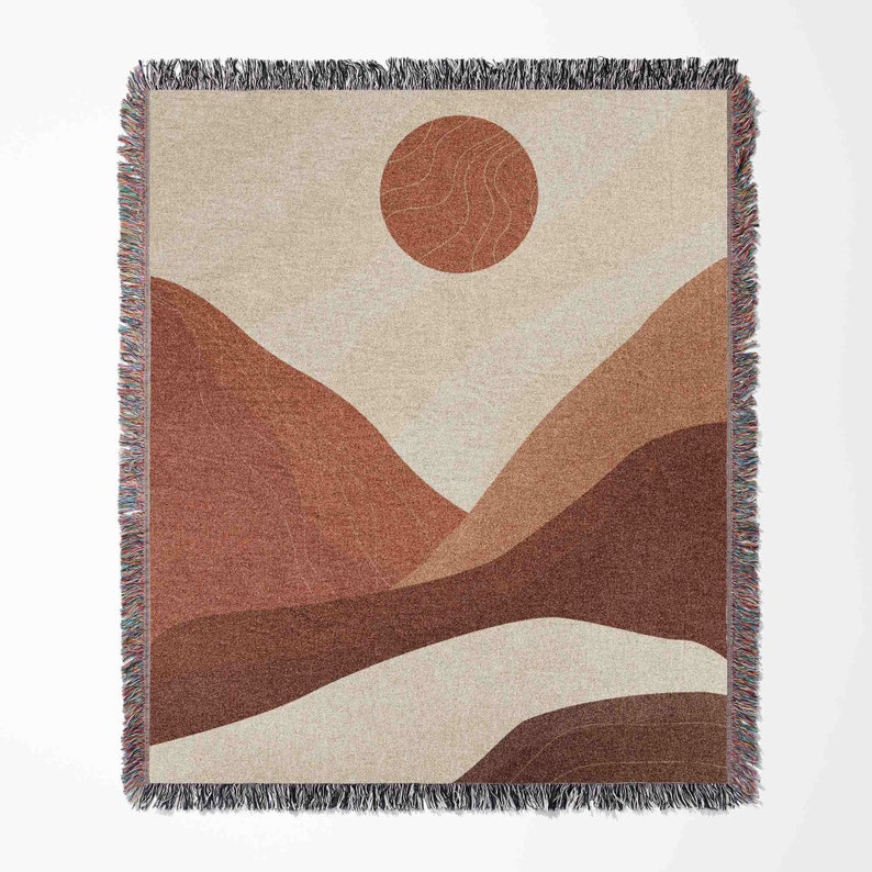 Boho Moon Mountain Desert Minimalist Woven Blanket Throw Tapestry Cotton Knitted Wall Art Living Room Couch Bed Blanket image 2